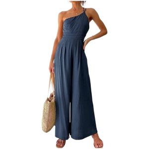 High Waist Romper, Sleeveless Off-Shoulder Neck Solid Color Wide-leg size large